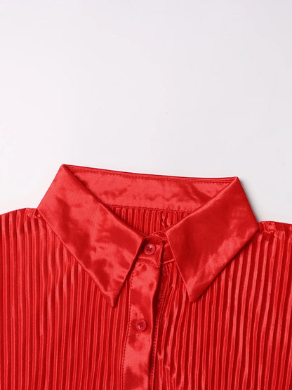 Casual geplooide tweedelige set voor dames: overhemd met revers lange mouwen en broek met rechte pijpen