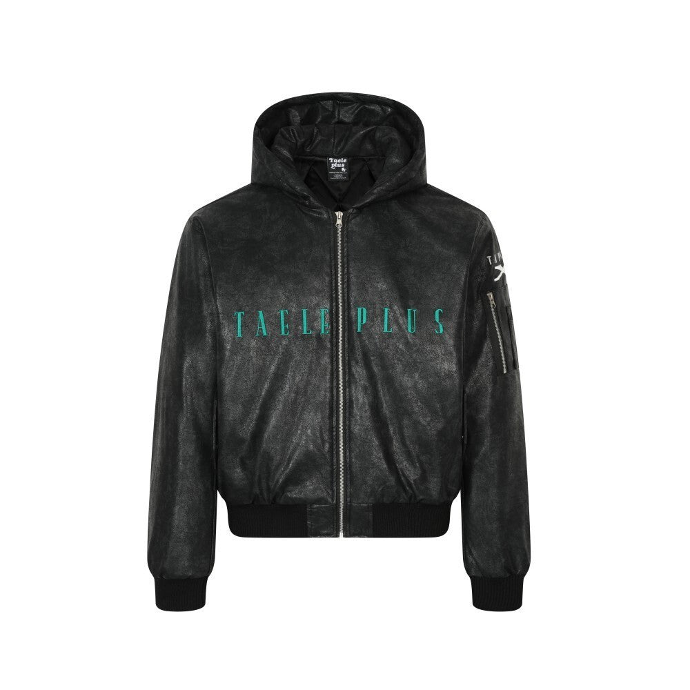 Letter embroidery hooded leather jacket