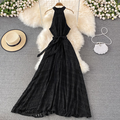 Beach Dress Summer Halter Neck Off Shoulder Hollow Lace Dress Seaside Holiday Elegant Big Swing Long Skirt Summer