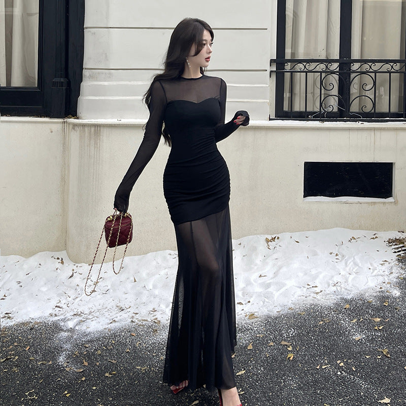 Black long sleeved mesh elegant spicy girl dress