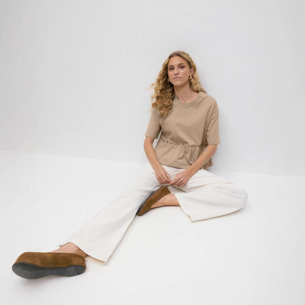 Style Pure Cotton Round Neck Pleated T-Shirt Women's Soft Loose Casual Versatile Top