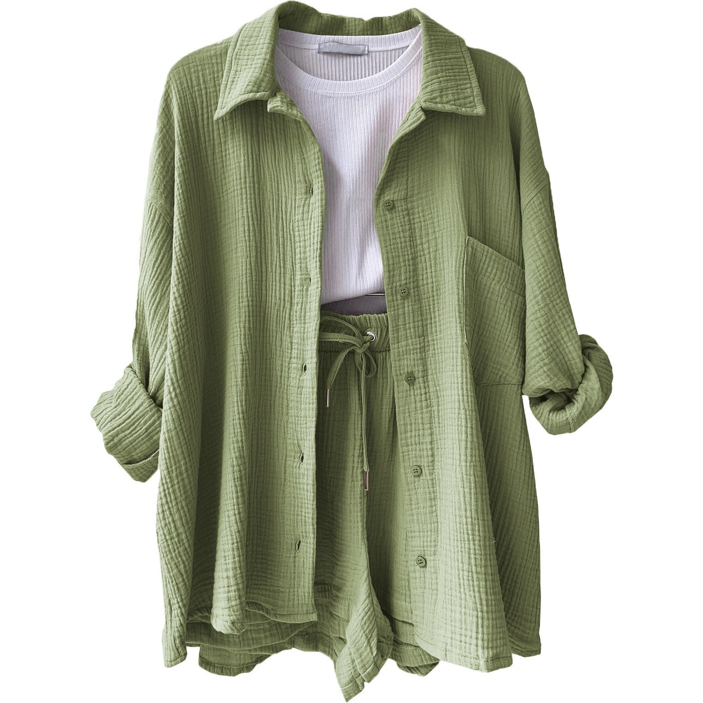 Wrinkled collar long sleeved shirt high waisted drawstring shorts two-piece set