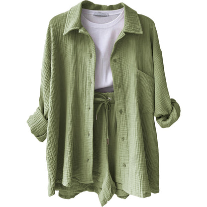 Wrinkled collar long sleeved shirt high waisted drawstring shorts two-piece set