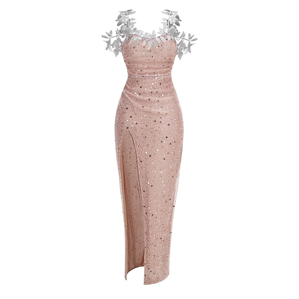 Hangemaakte sexy strapless lange jurk met één schouder decoratieve details split en pailletten