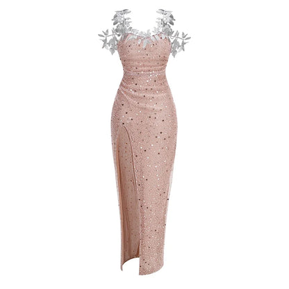 Hangemaakte sexy strapless lange jurk met één schouder decoratieve details split en pailletten