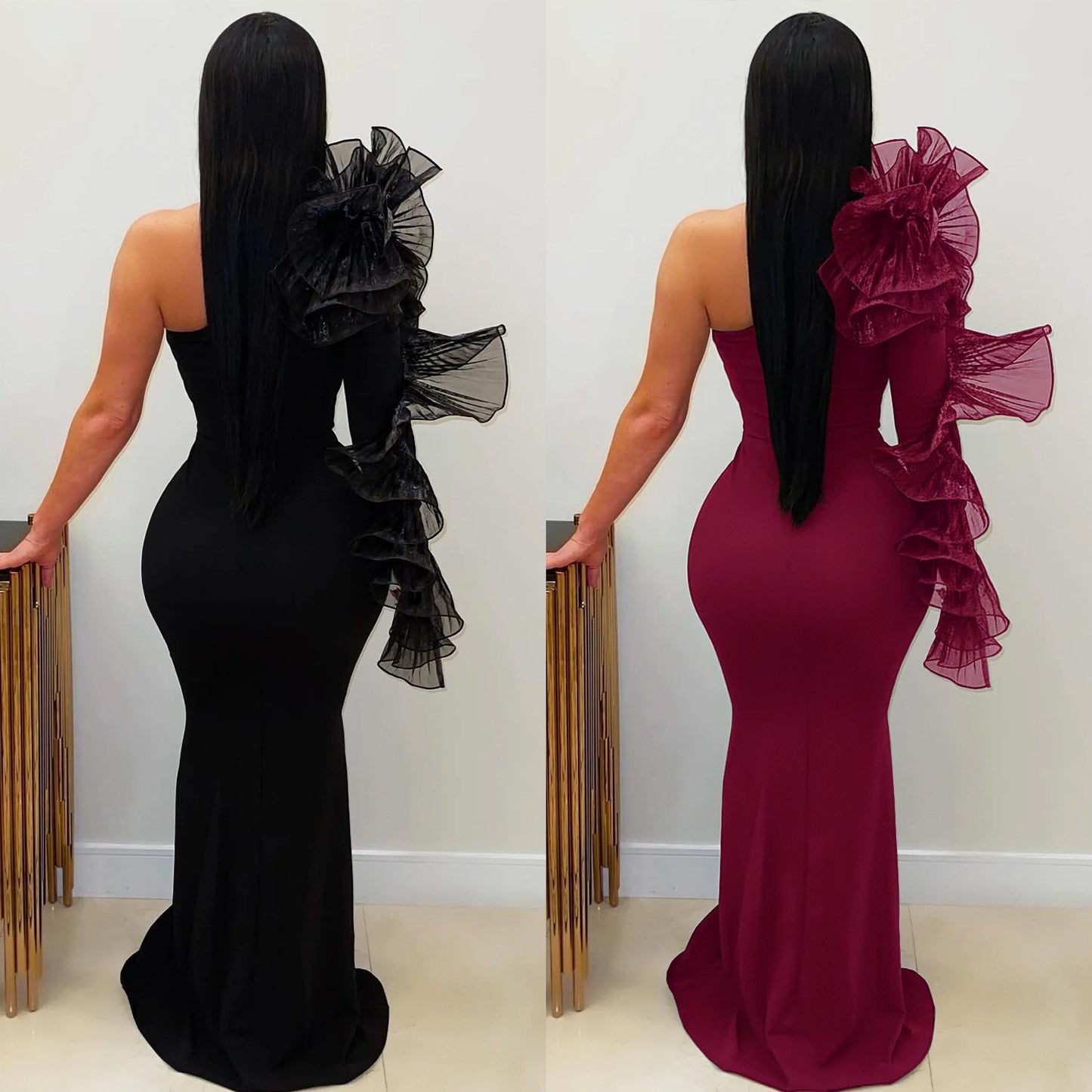Fashion Elegant Single Ruffle Sleeve Fitted Dress for Women