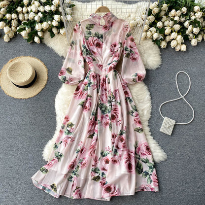 New Summer Print Chiffon Beach Dress Women Long Midi Big Swing Boho Vacation Dresses