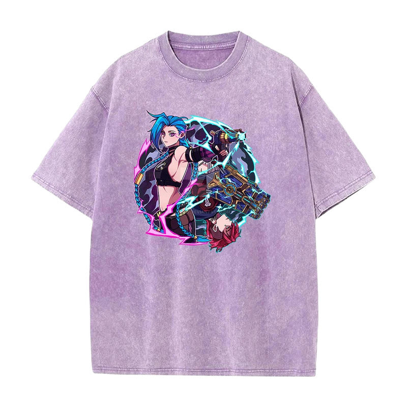 Summer New Anime League of Legends Pattern Printed T-Shirt Summer Cotton Washed Vintage Short Sleeve
