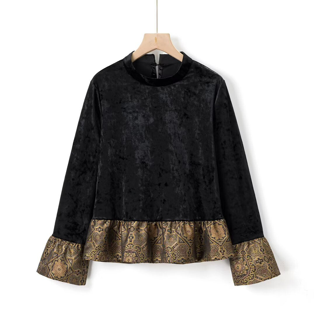 Elegant round neck long sleeved patchwork velvet top