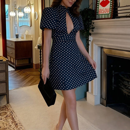 Elegant Polka Dot Dress with Stand Collar and Hollow Design for Women