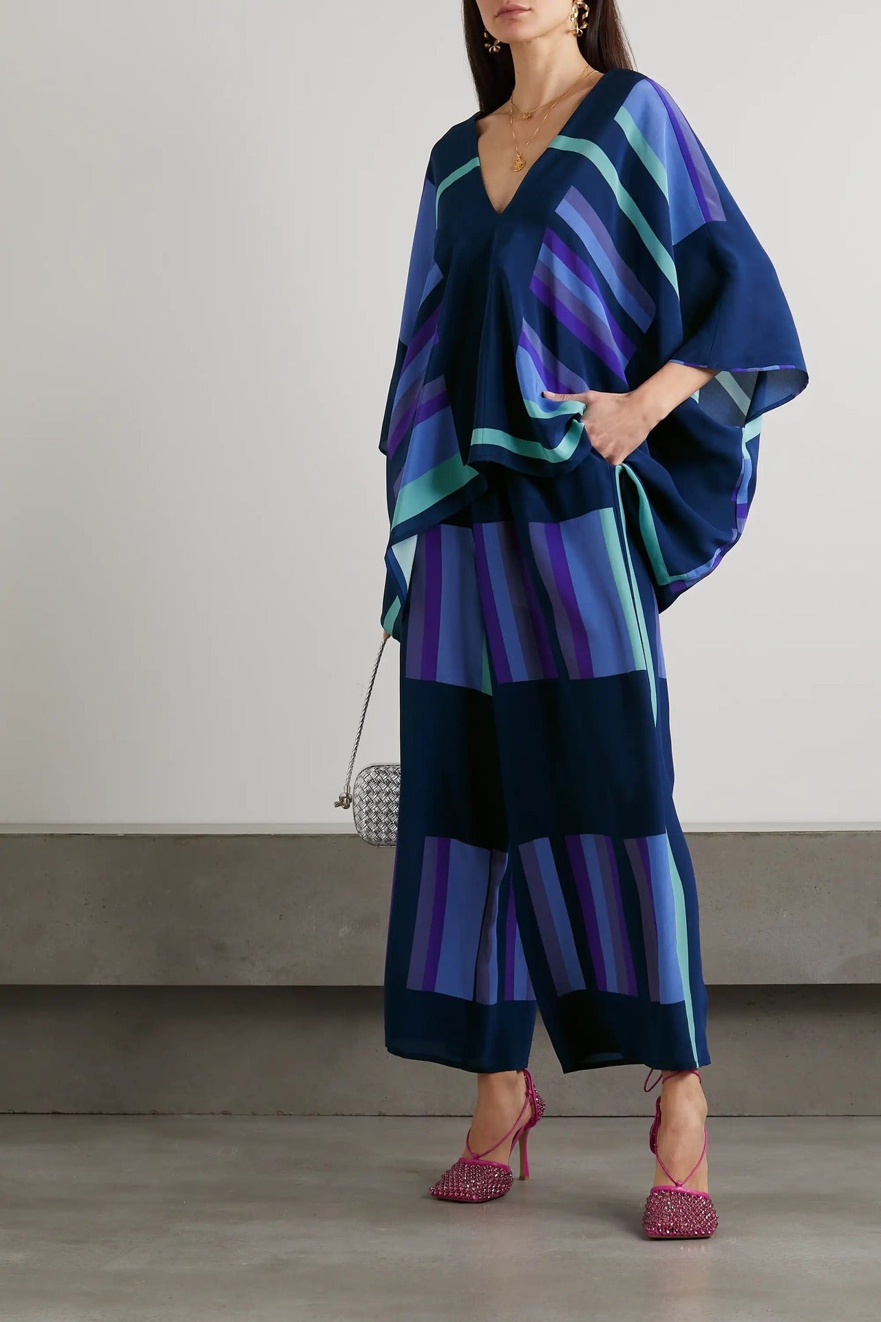 Color Printing Two Piece Sets For Women V Neck Batwing Sleeve Tops High Waist Pant Loose Casual Set Female New