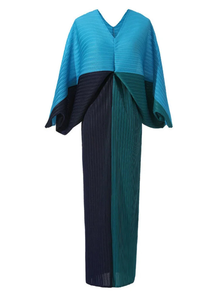 Women Elegant Pleated Dress Batwing Sleeve V-neck Patchwork Straight Dresses  Summer Female Fashion Clothing