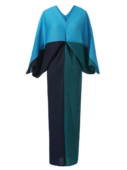 Women Elegant Pleated Dress Batwing Sleeve V-neck Patchwork Straight Dresses  Summer Female Fashion Clothing