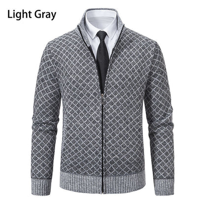 Velvet thickened casual stand up collar hooded zipper knitted jacket