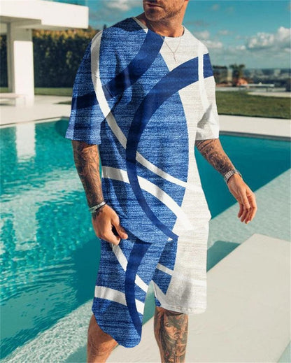New Men's Korean Suit 3D Printing Trend Digital Printing Round Neck T-Shirt Casual Two-Piece Suit