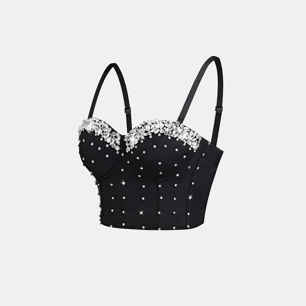 Strapless Camisole Sexy Boned Bustier Heavy Work Rhinestone Studs Stage Wear