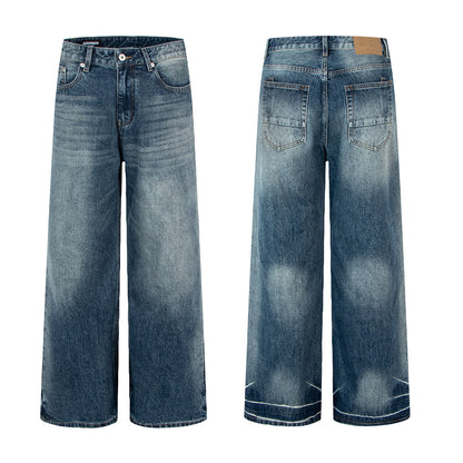 Vintage blauwe losse unisex jeans met rechte pijpen trendy gewassen en versleten look