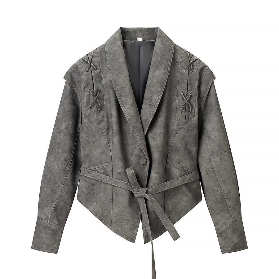Grijze PU-leren jacket met ceintuur voor dames
