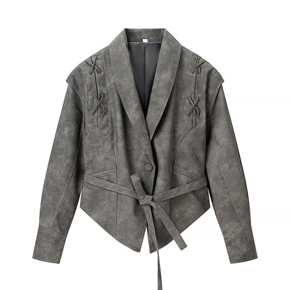 Grijze PU-leren jacket met ceintuur voor dames