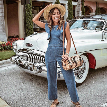 Jumpsuit met vetersluiting en ruches van denim