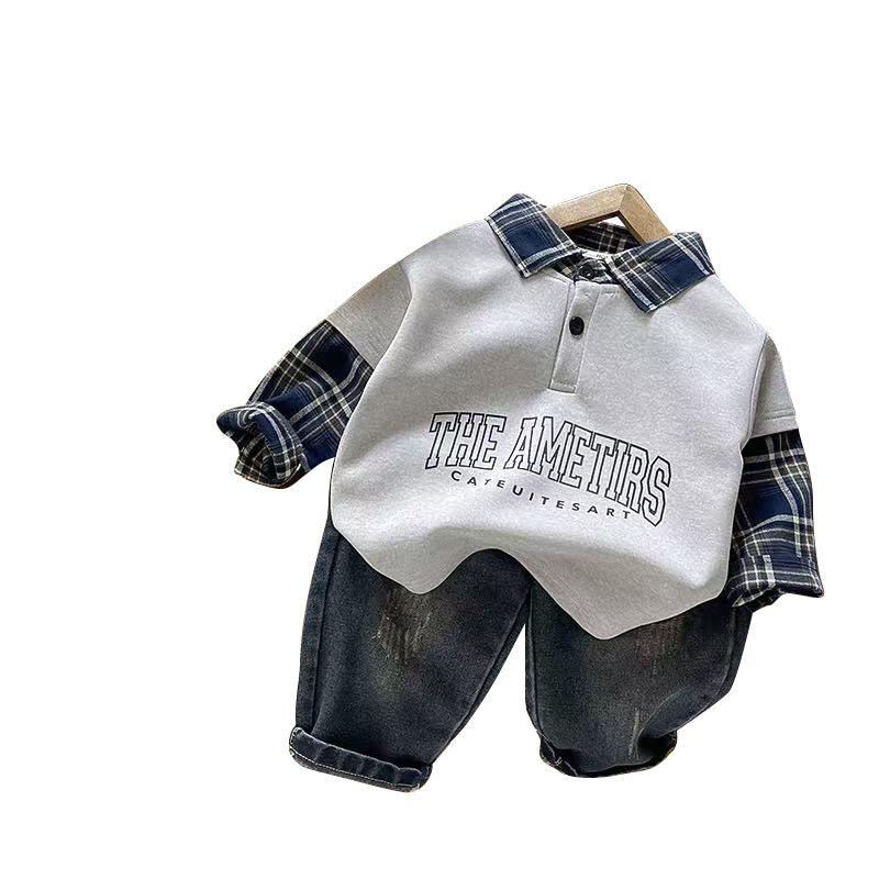 Autumn placket long sleeved two-piece set for infants and children