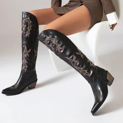 Western overknee vegan leren cowboylaarzen met spitse neus print en strass
