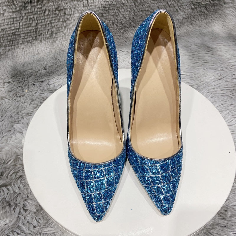Damespumps met glitter pailletten krokodillenprint spitse neus en 8/10/12 cm hoge hakken