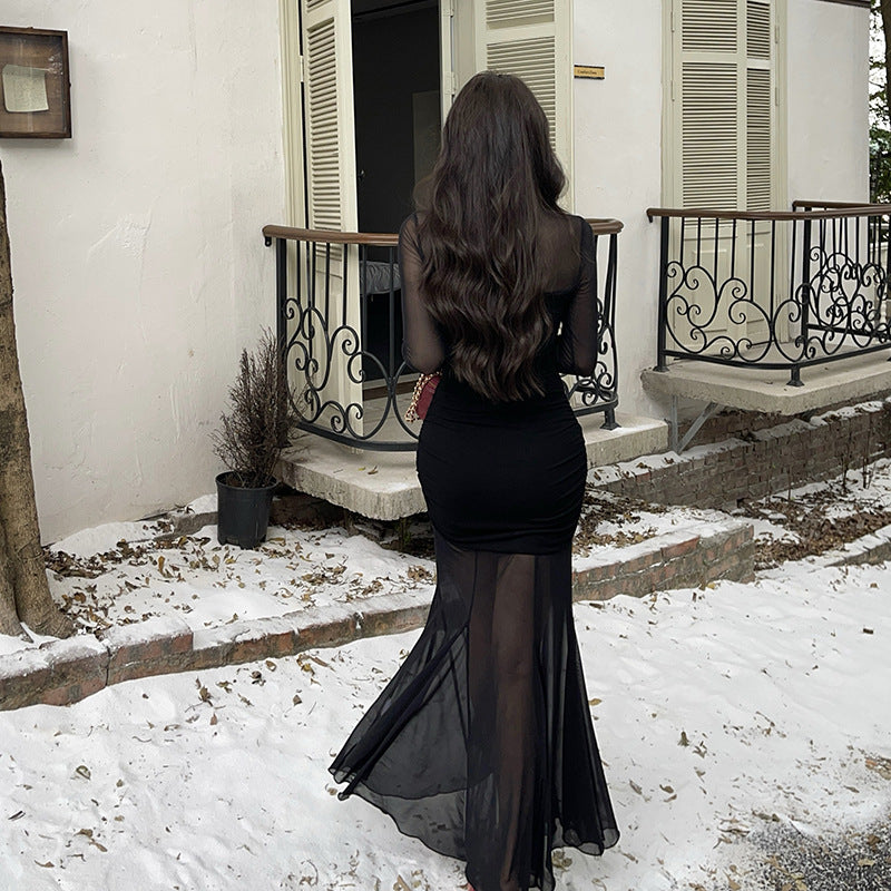 Black long sleeved mesh elegant spicy girl dress