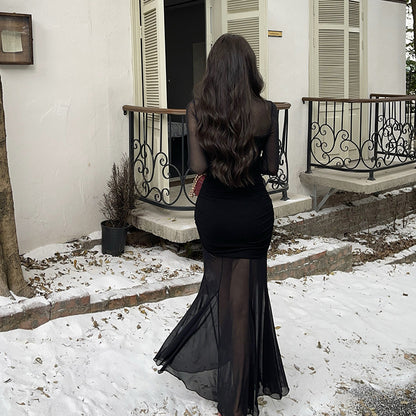 Black long sleeved mesh elegant spicy girl dress