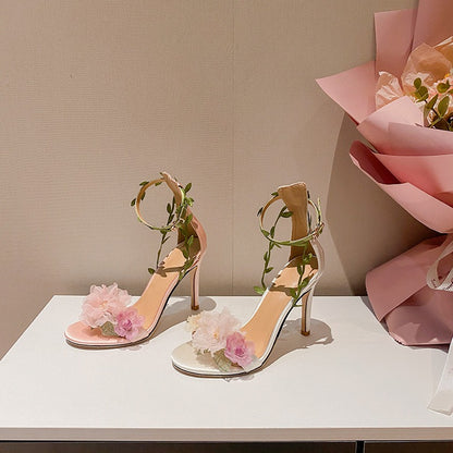 Pink pastoral chiffon flower fantasy high heels one-line vine strap sandals for women