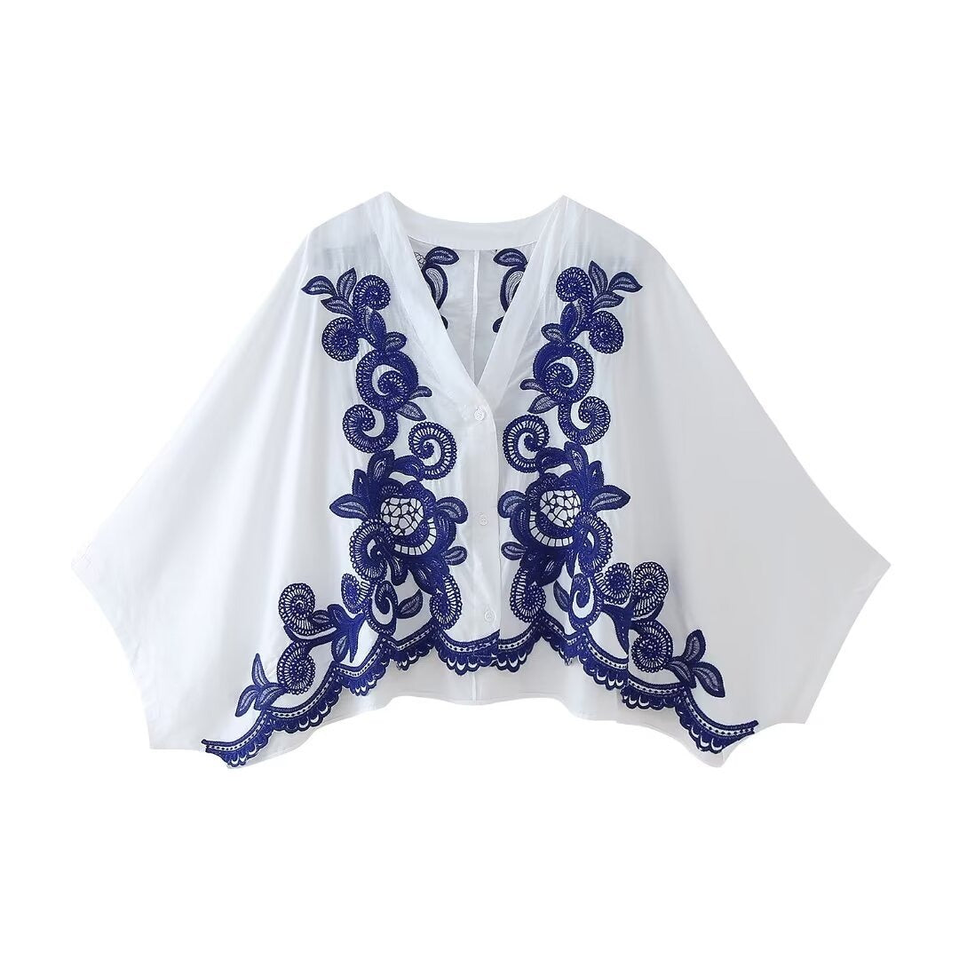 Fashion contrasting embroidered shirt+skirt set