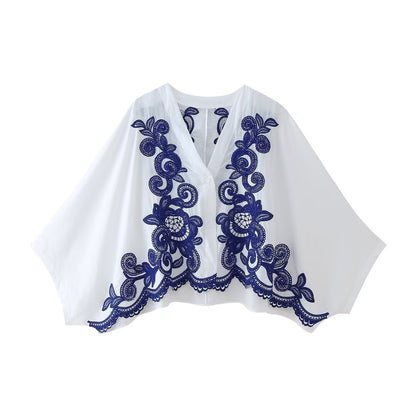 Fashion contrasting embroidered shirt+skirt set