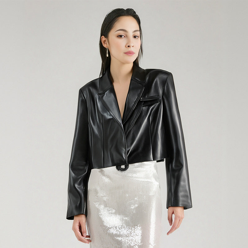 Zwart korte PU-leren jasje met hoge taille voor dames