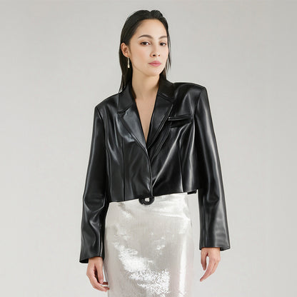 Zwart korte PU-leren jasje met hoge taille voor dames