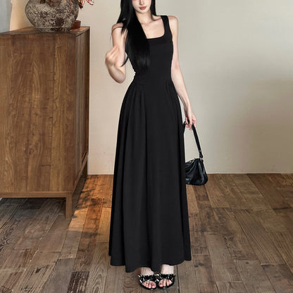 Square collar waist cinching slim fit casual sleeveless jumpsuit long skirt