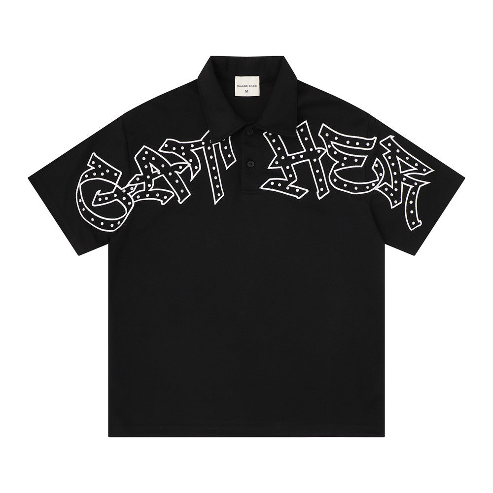 Gothic letter embroidered short sleeved polo shirt