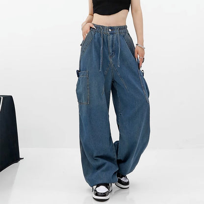 Blue Bandage Elastic Pockets Wide Leg Jeans High Waist New Loose Women Trousers Fashion Tide Spring Autumn