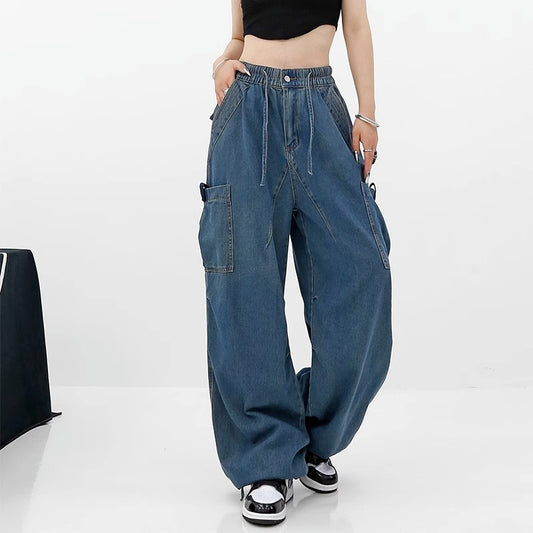 Blue Bandage Elastic Pockets Wide Leg Jeans High Waist New Loose Women Trousers Fashion Tide Spring Autumn