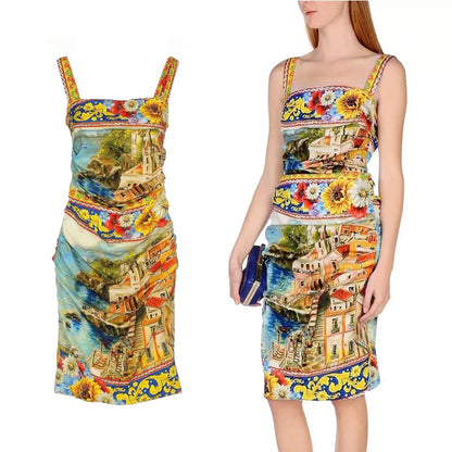 Vintage schilderij met bloemenprint camisolejurk high street designermerk