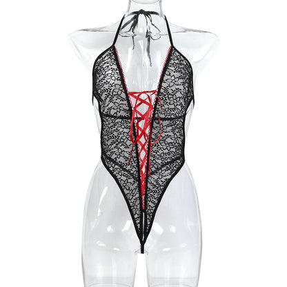 One-Piece Lingerie with Neck Strap and Crossed Back Ties, Open Crotch Pants, European and American Style Lingerie