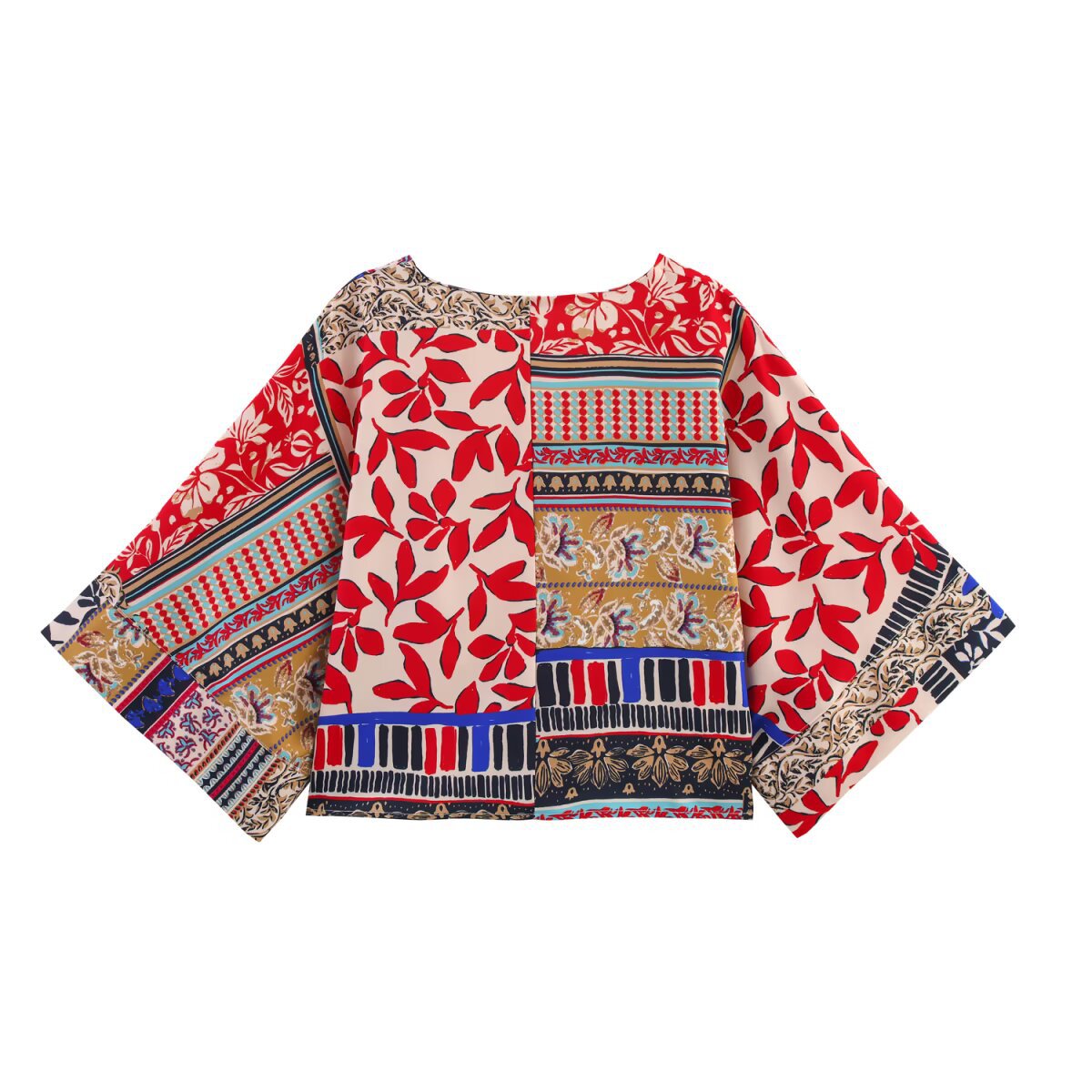 Women's Clothing Patchwork Printed Wide Sleeve V-neck Tunic + Color-blocked Wide-leg Pants