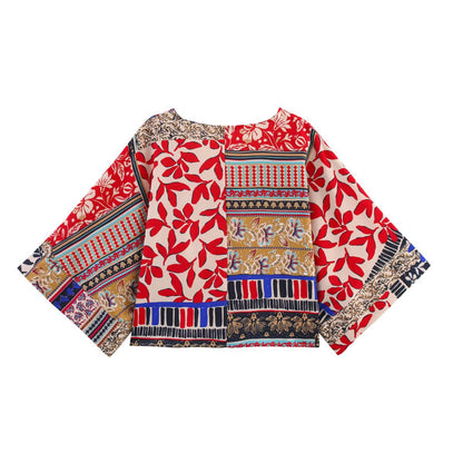 Women's Clothing Patchwork Printed Wide Sleeve V-neck Tunic + Color-blocked Wide-leg Pants
