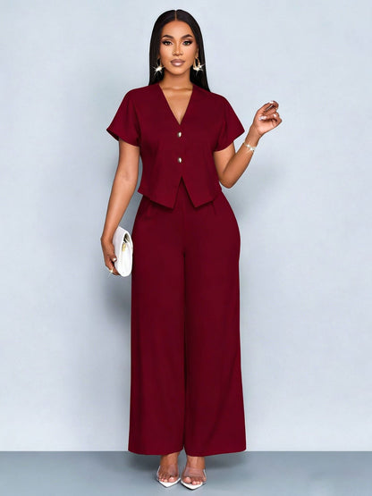 Summer Short Sleeve V-Neck Irregular Cardigan Straight Leg Wide Leg Pants Plus Size Casual Two-Piece Set