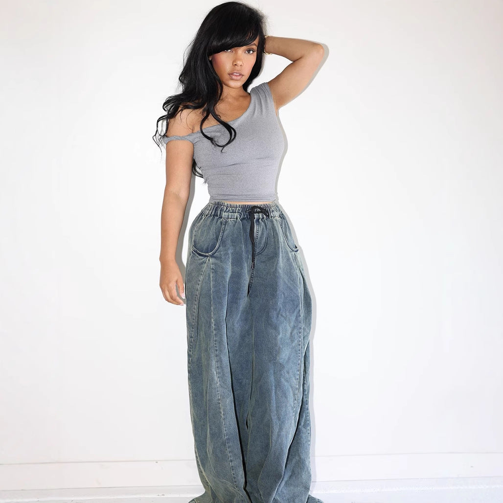 Casual Women's Straight Leg Jeans with Elastic Waist and Drawstring, Street Fashion StyleDenim Pants