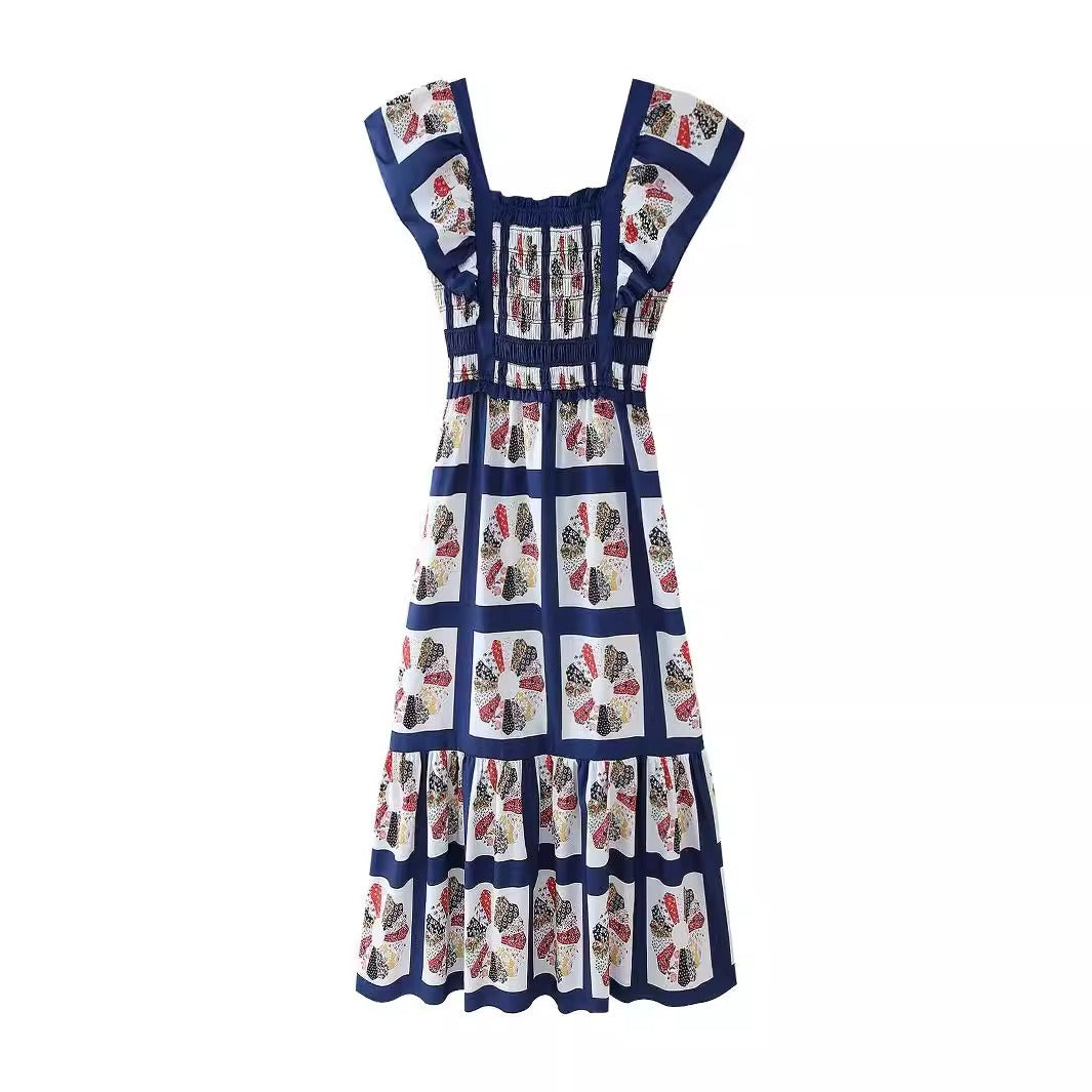 European and American summer new fashionable temperament low neck printed waist A-line dress long skirt