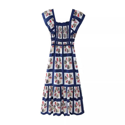 European and American summer new fashionable temperament low neck printed waist A-line dress long skirt