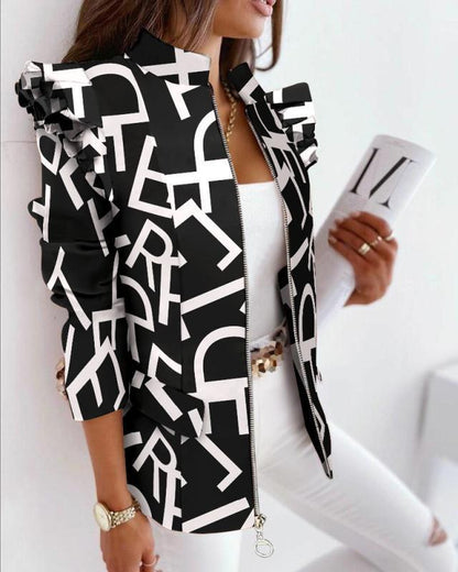 Flounce Sleeve Long Sleeve Zipper Printed Blazer Coat for Women