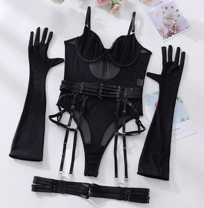 Sexy Lingerie One-Piece Bodysuit with Gloves and Bandage Transparent Mesh Underwear
