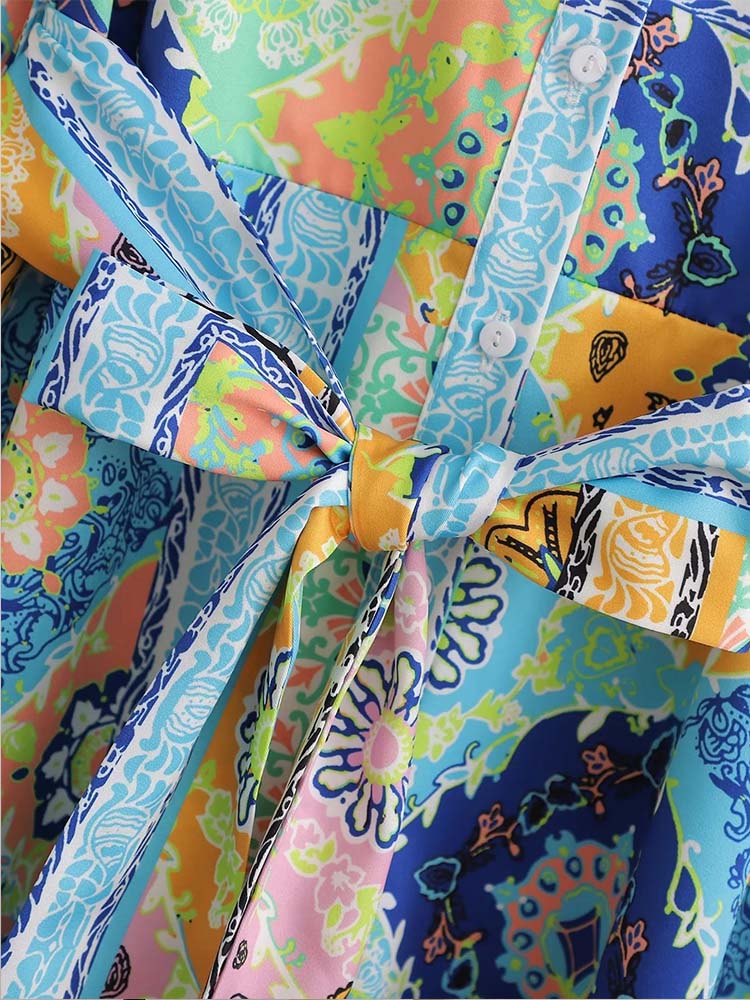 Woman Dress New Fashion Print Boho Elegant Dresses For Women Vintage With Belt Casual Female Party Dresses
