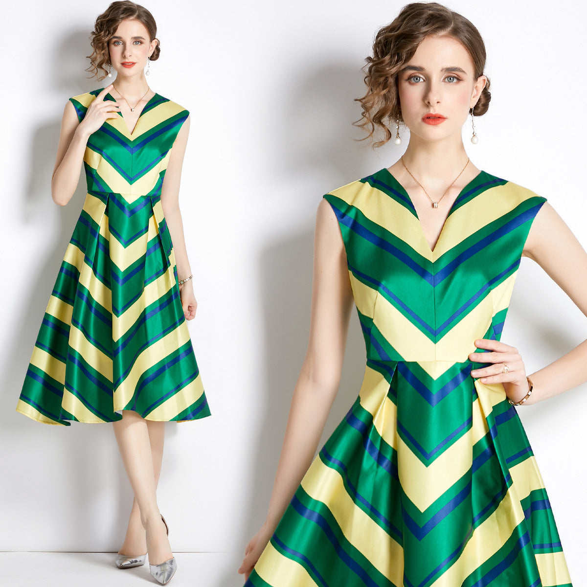 Tingfly Runway Designer Gestreepte Zomerse Mouwloze Retro Feestjurk